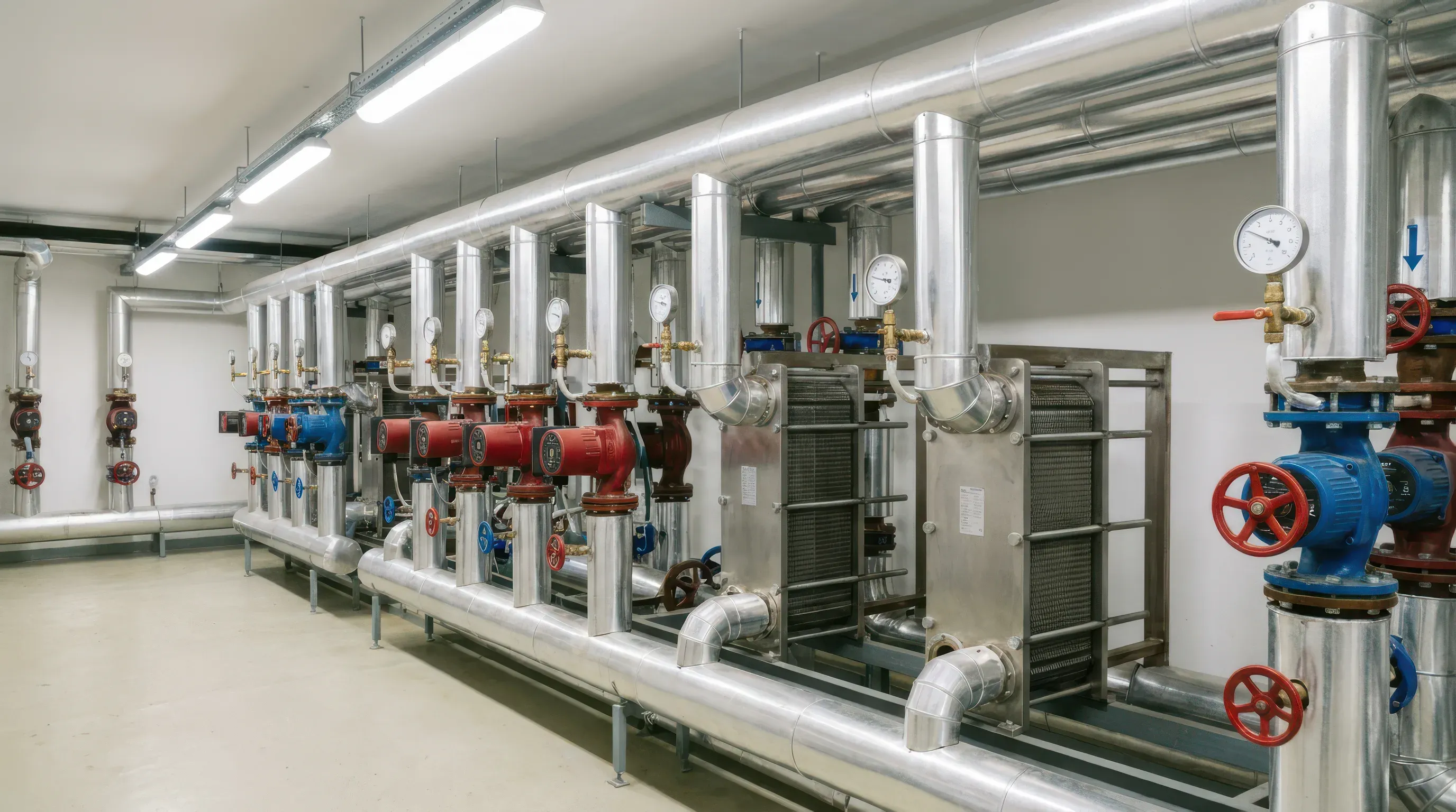 Тепловой пункт здания с насосным оборудованием и контрольными приборами